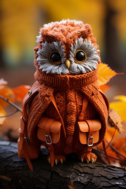 an orange owl wearing a knitted sweater sits on a branch