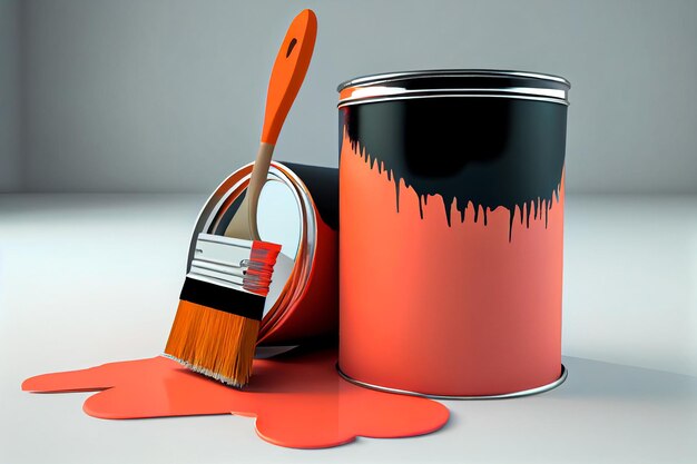 Orange paint and brush in a white room for painting the walls illustration Generative AI