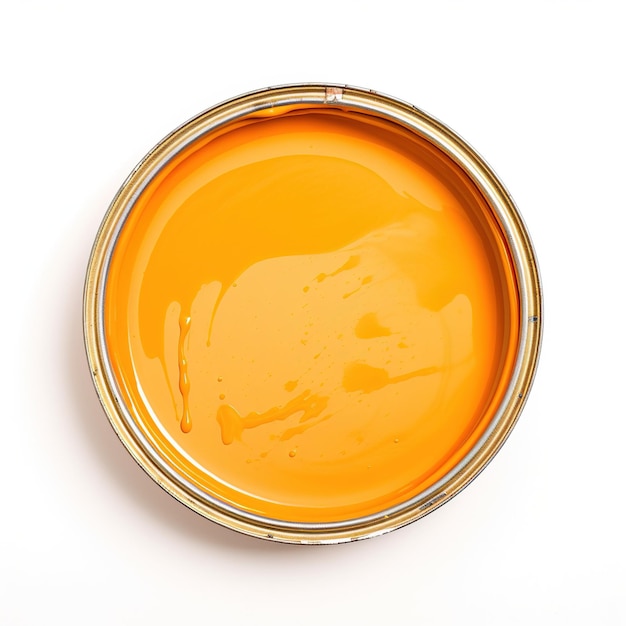 Orange paint in metal can isolated on white background