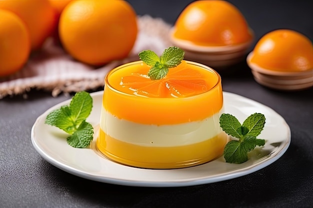 Orange panna cotta and citrus fruit dessert low calorie and healthy sweets served in portion cups on a mousse cake background