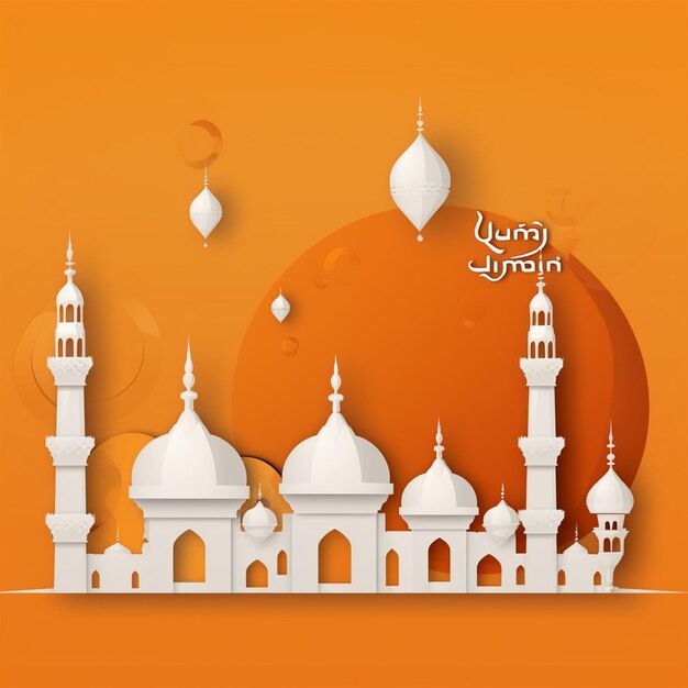 An Orange Paper Background with a Mosque and the Moon