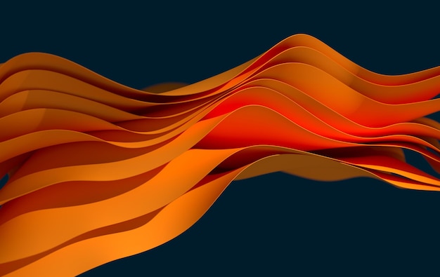 オレンジ色の紙または綿布の3Dレンダリングの背景と波と曲線