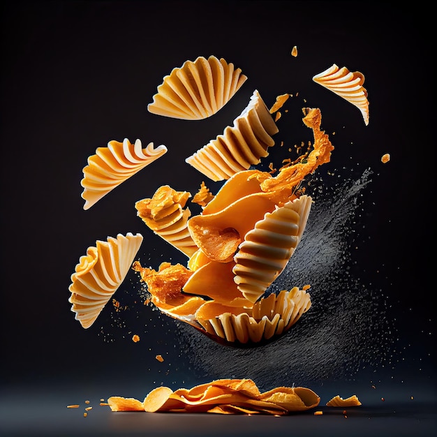 Orange pasta flying in the air on a black background