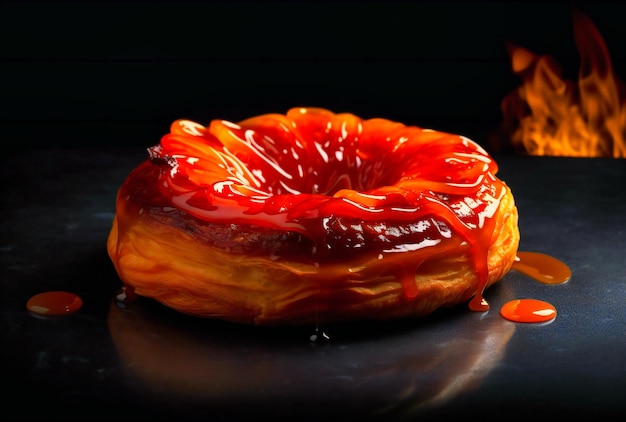 An orange pastry sits on top of a dark background