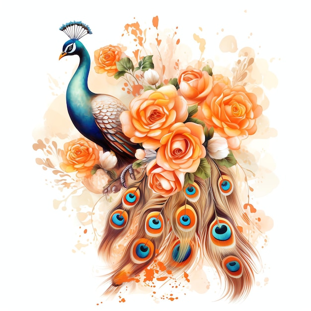 orange peacock and roses