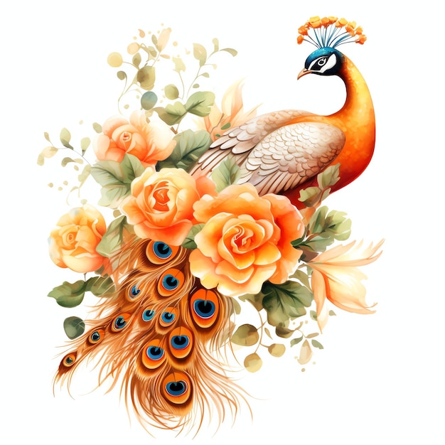 orange peacock and roses