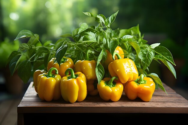 orange peppers in table behind blurred green background vegan food concept