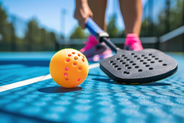 Orange pickleball ball with paddle closeup on a pickleball court with space for text