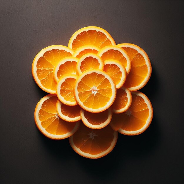 Orange pieces arranged in a flower shape top view on black background