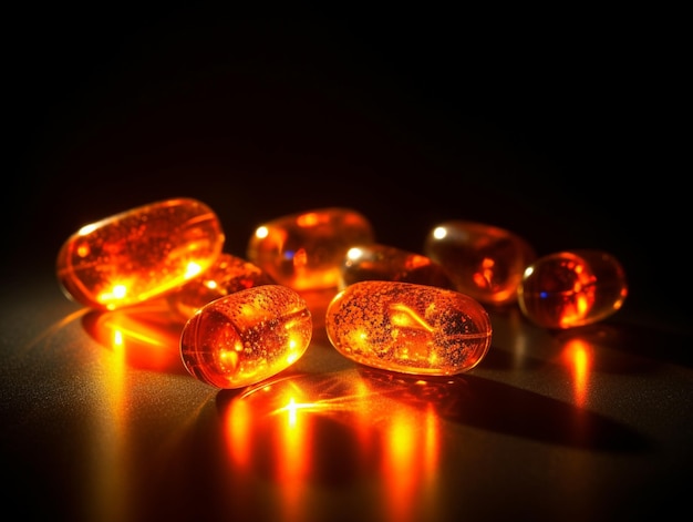 Photo orange pills are laying on a table with a black background.