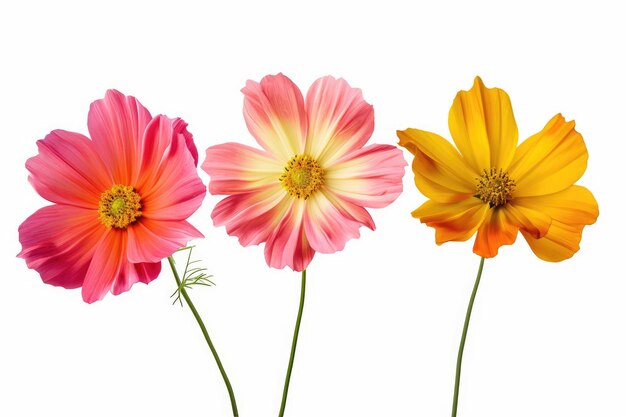 Photo orange pink and yellow cosmos flowers are bloom on a white background