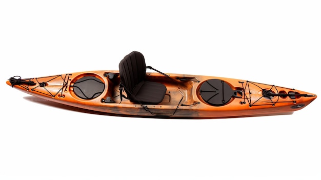 Orange plastic kayak with yellow paddle 3D render isolated on white background Generative ai