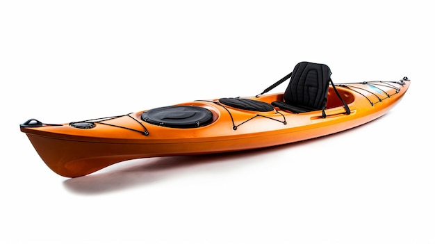 Orange plastic kayak with yellow paddle 3D render isolated on white background Generative ai
