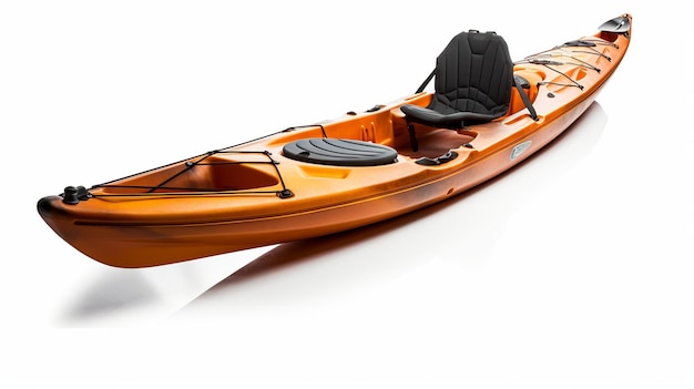 Orange plastic kayak with yellow paddle 3D render isolated on white background Generative ai