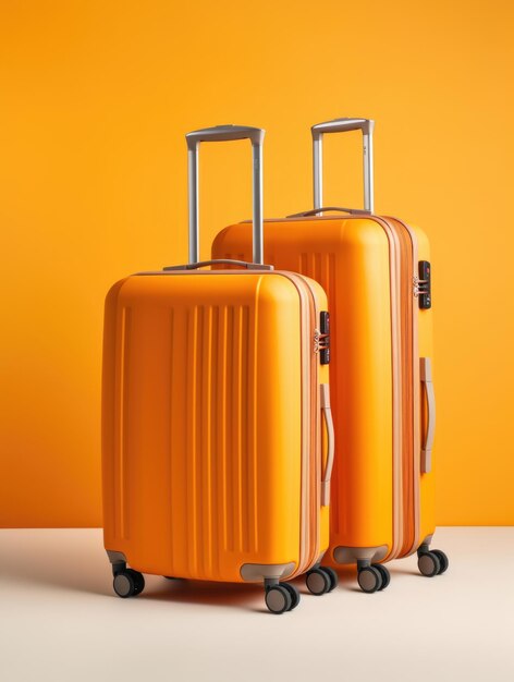 Orange plastic suitcases stylish luggage bags on background with empty copy space travel