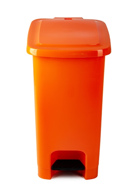 Orange plastic waste bin isolated on white