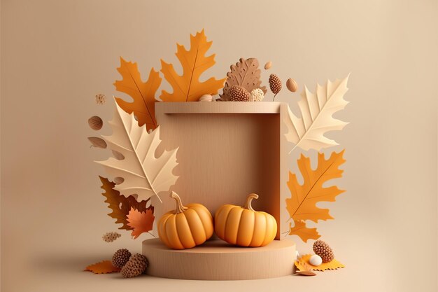 Orange Podium display with pumpkin and autumn leaf Generative AI illustration