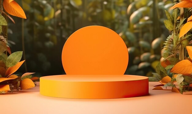 Photo orange podium for product presentation orange light ground product podium green tree leaves leaf