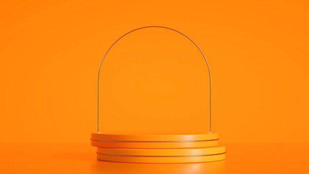 Orange podium with gold and arch product display stand 3D rendering