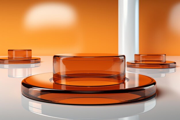 An orange podium with reflective surface set in tranquil and serene abstract generative ai