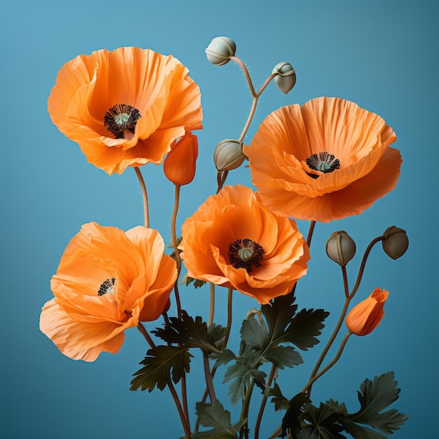 Orange poppies in a vase on a blue background