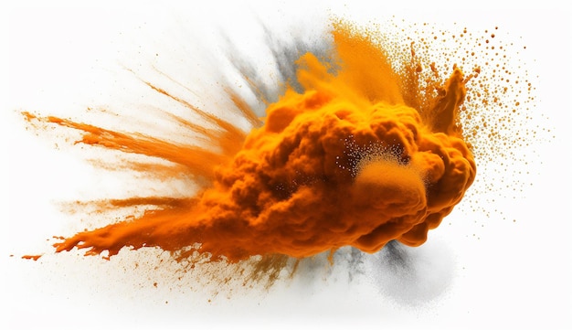Взрыв оранжевого порошка на белом фоне, созданный искусственным интеллектом