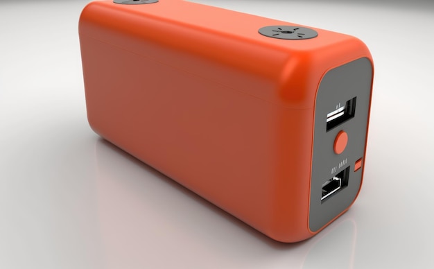 A orange power bank battery with usb ports. ai generated