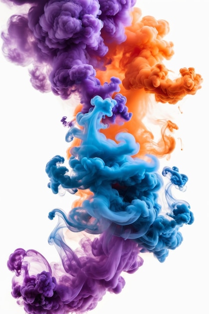 Orange pruple and blue smoke swirling against white backdrop