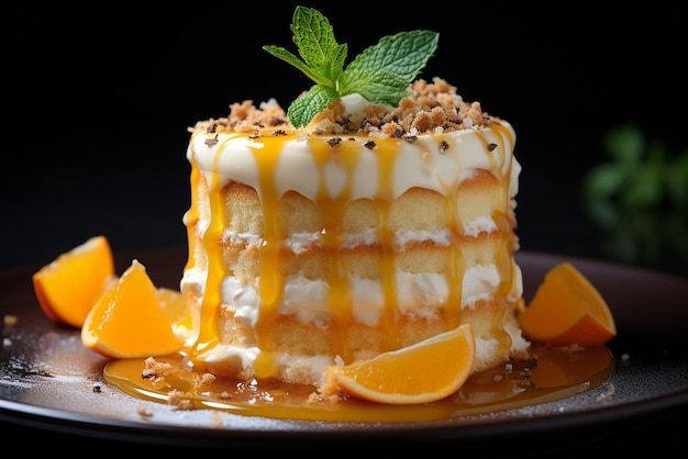 Torta di budino d'arancia con yogurt e cheesecake su tavolo di legno generativo ai