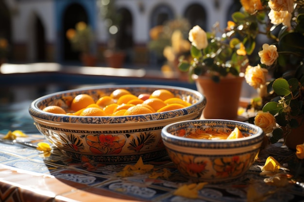 사진 다채로운 타일과 수원 생성 ia와 함께 스페인 마당에서 오렌지 푸딩