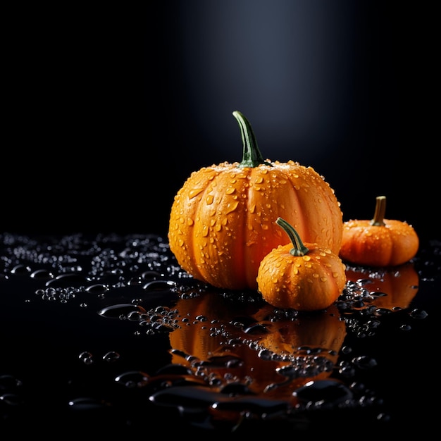 Orange pumpkin on black background with water drops Halloween or Thanksgiving concept