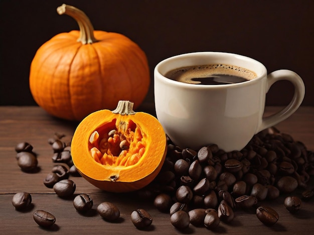 Photo orange pumpkin and coffee beans