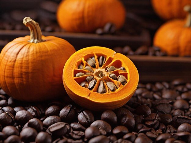 Photo orange pumpkin and coffee beans