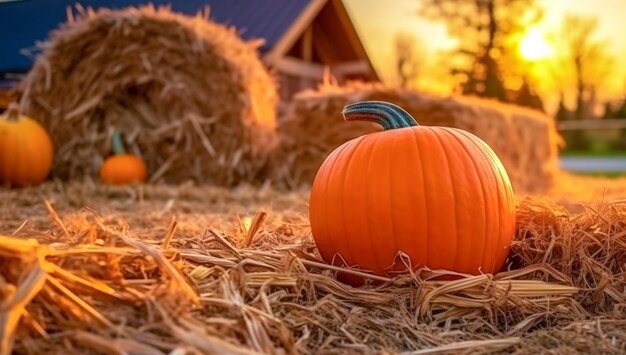 An orange pumpkin for Halloween lies on a straw Autumn harvest AI generated