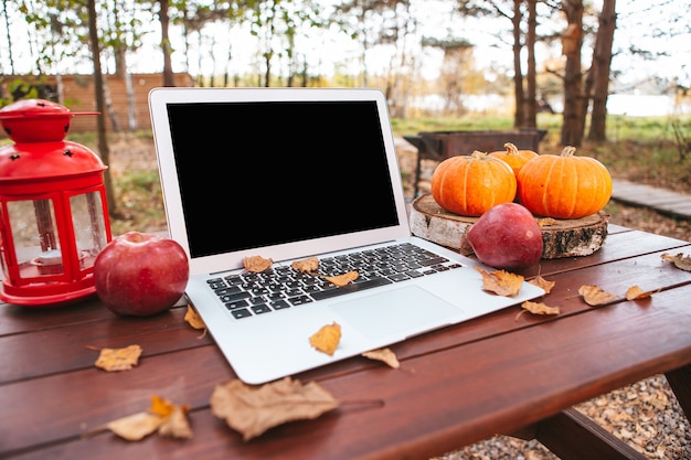 Orange pumpkin and leaves near laptop computer on a table. Remote work in quarantine. Wooden picnic table in Autumn forest. Autumn season time