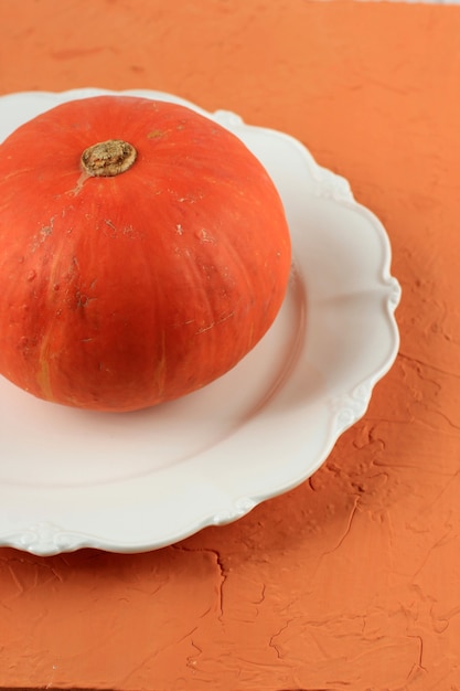 Orange Pumpkin on WHite Plate, Concept on textured Table