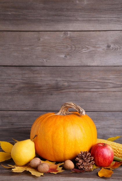 Orange pumpkin with leaves and vegetables on grey