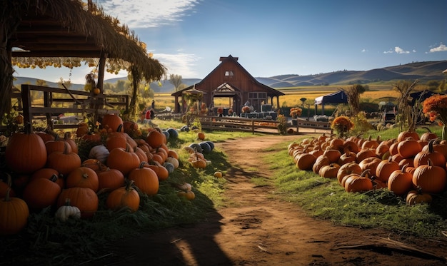 Фото Апельсиновые тыквы на фермерском рынке или на тыквенном участке в прекрасный осенний день счастливого хэллоуина и дня благодарения
