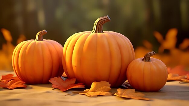 Orange pumpkins and autumn leaves on beige background