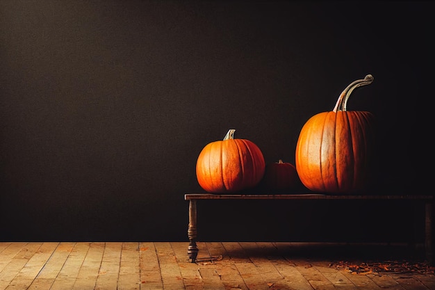 Orange pumpkins on a bench wooden floor and black wall Pumpkins for the Halloween holiday