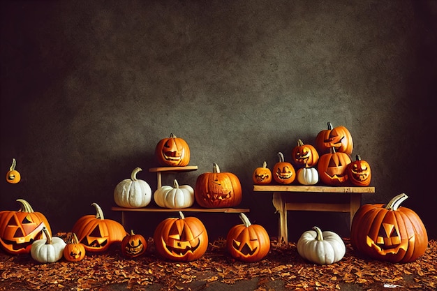 Orange pumpkins on foliage in room Halloween pumpkin bench