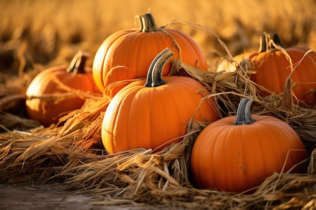 Orange pumpkins on the hay