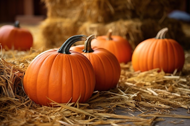 Orange pumpkins on the hay