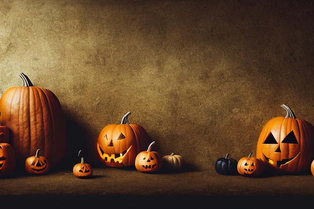 Orange pumpkins lying on floor creepy faces on Halloween pumpkins