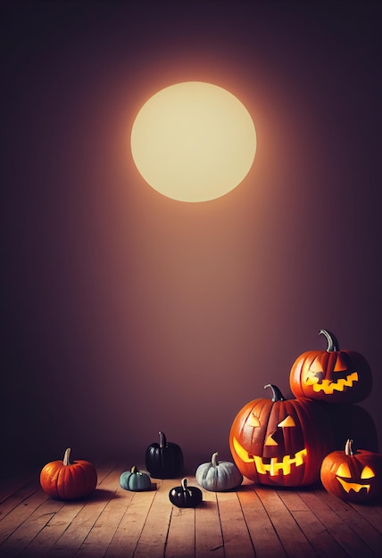 orange pumpkins lying on a wooden floor with the moon as a backdrop