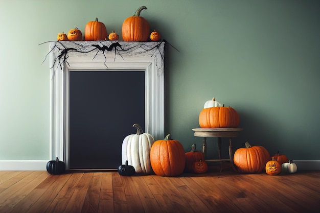 Orange pumpkins near fireplace wooden floor and chair in room Halloween pumpkins