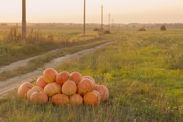 orange pumpkins on rural field at sunset