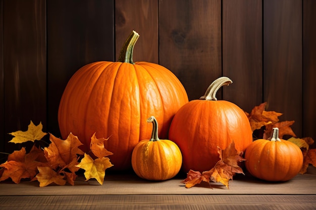 Orange pumpkins with dry leaves on wooden background