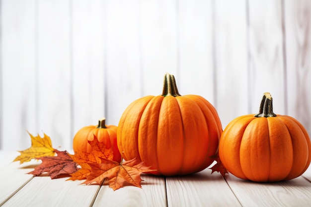 Orange pumpkins with dry leaves on wooden background