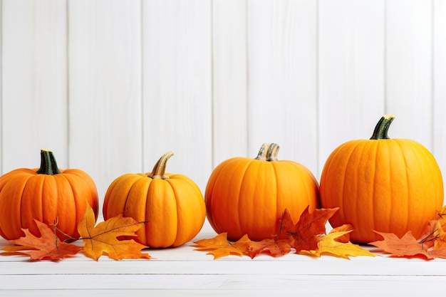 Orange pumpkins with dry leaves on wooden background